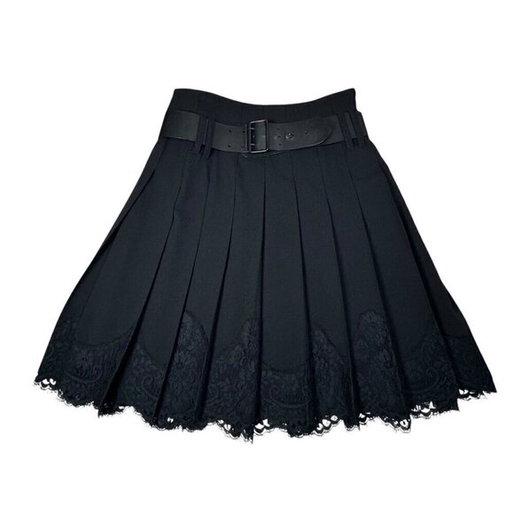 Vintage Burberry Pleated Skirt Sz.6 Black Wool Lace Hem Leather Belt Goth 90s - Picture 8 of 15